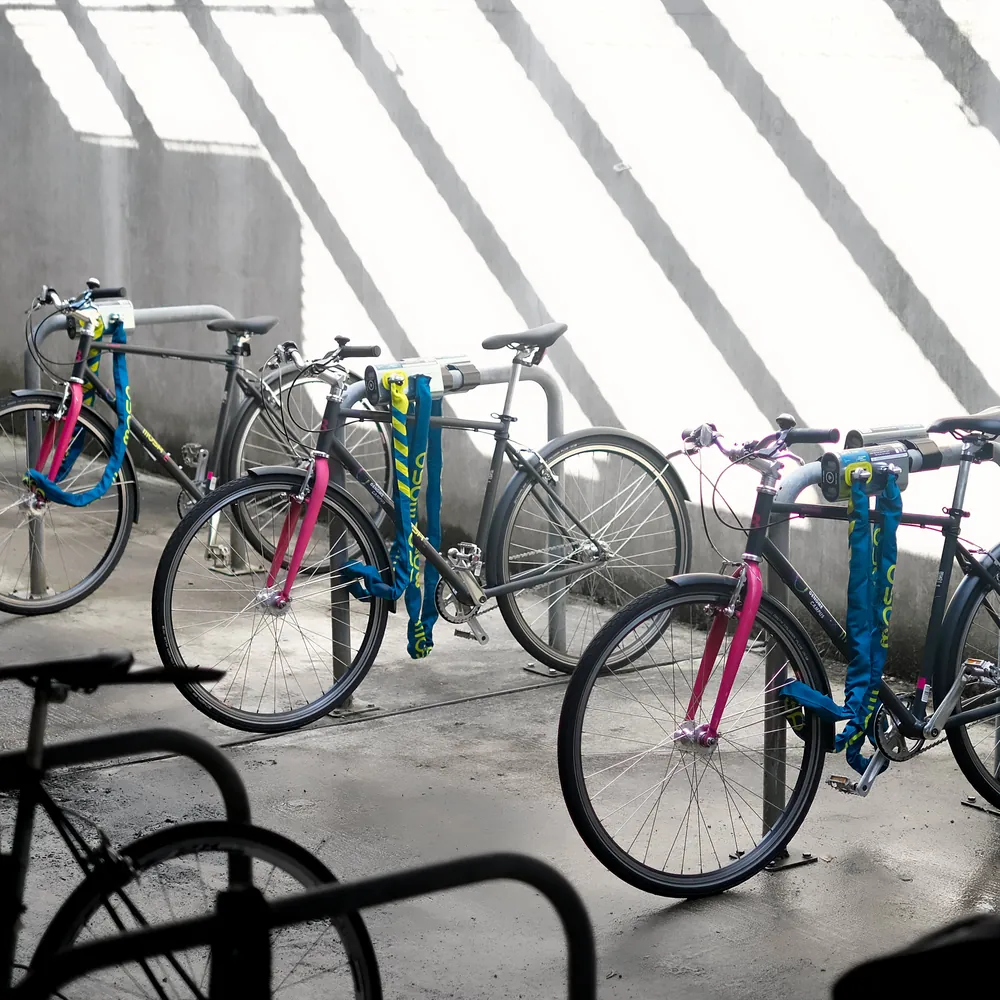 Shared bikes with pink forks docked under a canopy, ready for the next rider.