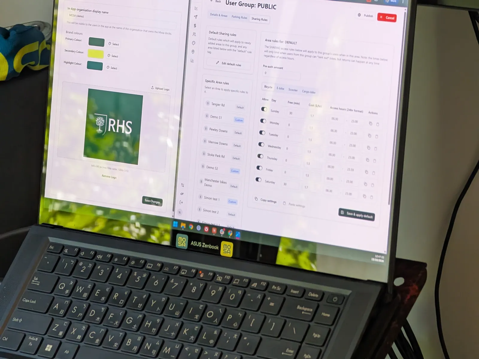 The Mosa operator dashboard on a laptop, showing a scheme's access and pricing rules.