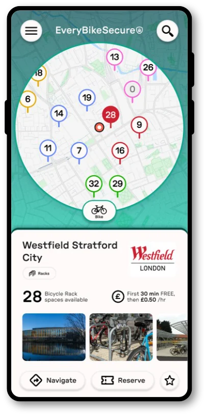 The EveryBikeSecure app showing a dock ready to park